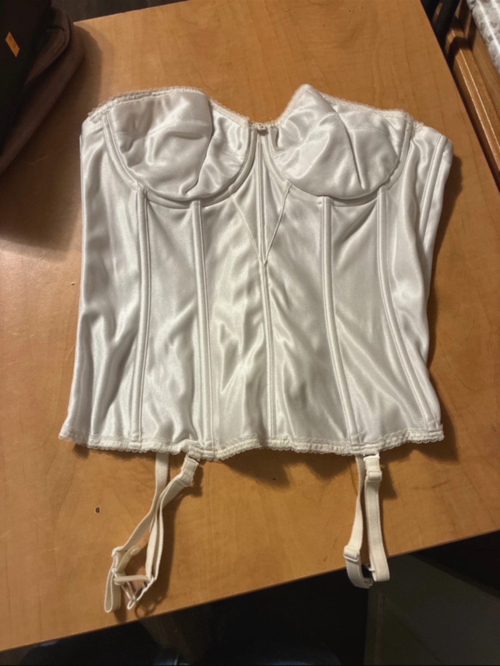 Dominique White Satin Strapless Bustier with Garter Straps